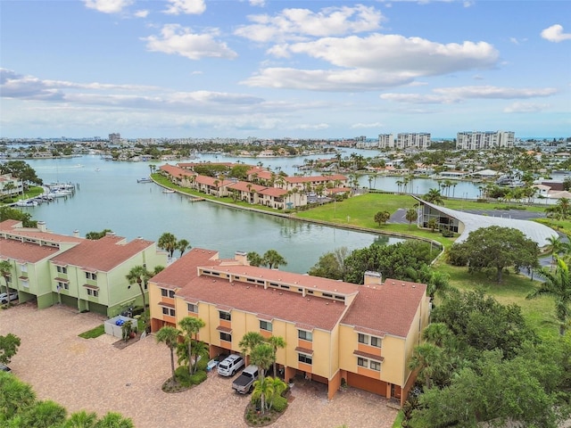 drone / aerial view with a water view