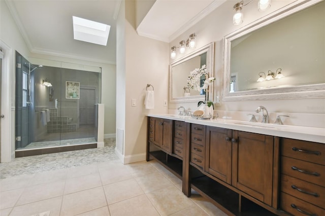 bathroom featuring crown molding, an enclosed shower, a skylight, tile patterned floors, and vanity