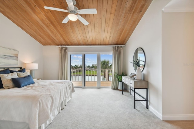 carpeted bedroom featuring access to exterior, a water view, ceiling fan, and wood ceiling