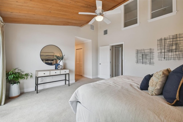 carpeted bedroom featuring wood ceiling, ceiling fan, and high vaulted ceiling