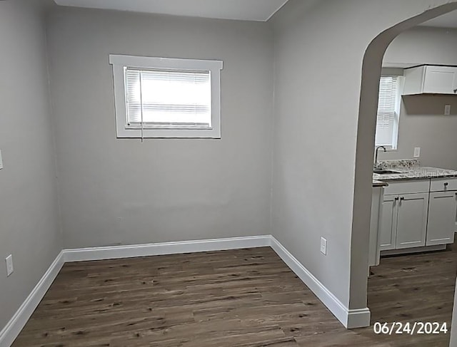 spare room with sink and dark hardwood / wood-style floors