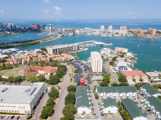 bird's eye view with a water view