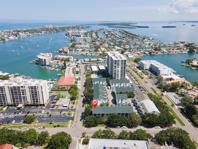 drone / aerial view with a water view