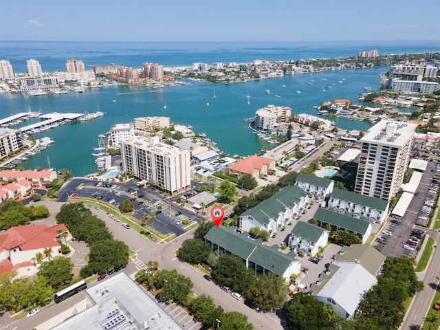 drone / aerial view with a water view