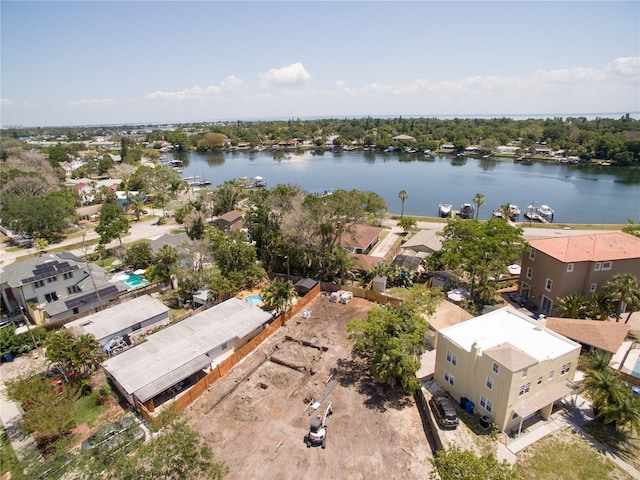 drone / aerial view with a water view