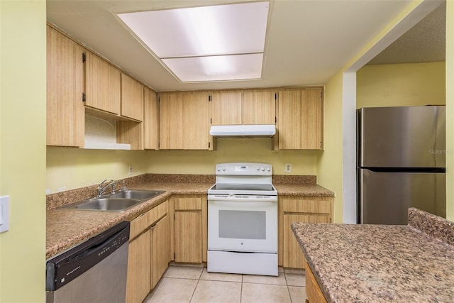 kitchen featuring light tile patterned flooring, sink, stainless steel appliances, and light brown cabinetry