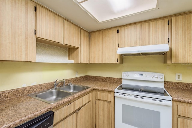 kitchen with exhaust hood, sink, electric range, black dishwasher, and light brown cabinetry