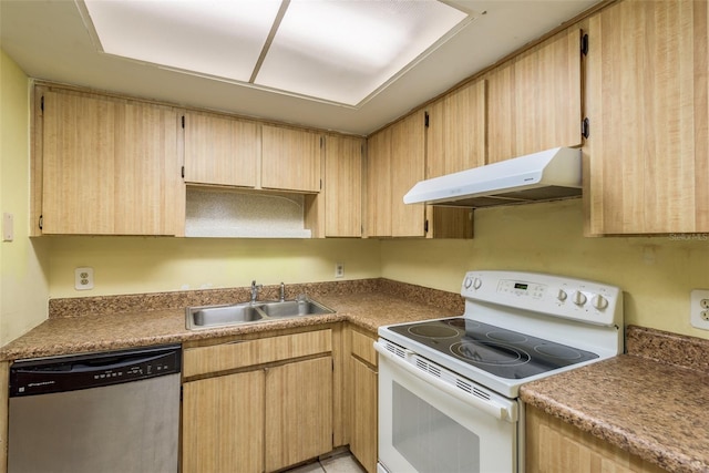 kitchen with white electric range oven, sink, light brown cabinets, dishwasher, and range hood