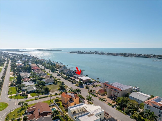 drone / aerial view featuring a water view