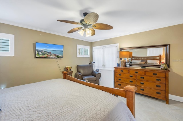 tiled bedroom with multiple windows, ceiling fan, and crown molding