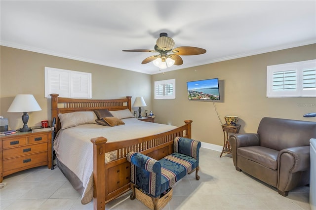 bedroom featuring ceiling fan and crown molding