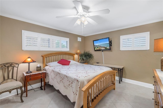 bedroom featuring light tile patterned floors, ceiling fan, and crown molding