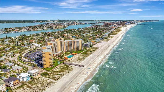 bird's eye view featuring a view of city, a water view, and a view of the beach