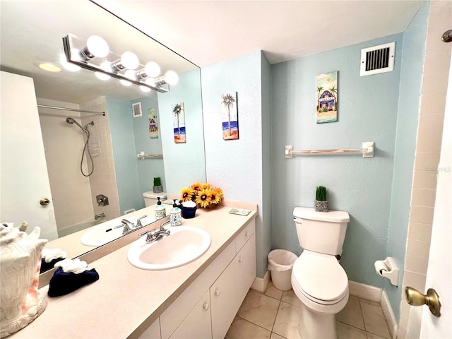 full bathroom featuring tile patterned flooring, vanity, toilet, and tiled shower / bath