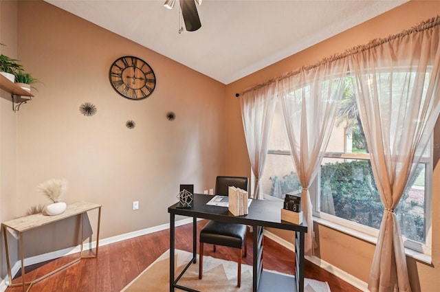 office area featuring hardwood / wood-style floors and ceiling fan