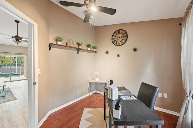 office area with hardwood / wood-style flooring and ceiling fan