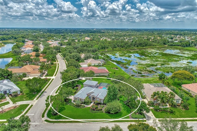 aerial view featuring a water view