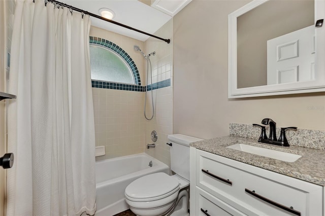 full bathroom with shower / bath combination with curtain, toilet, and vanity