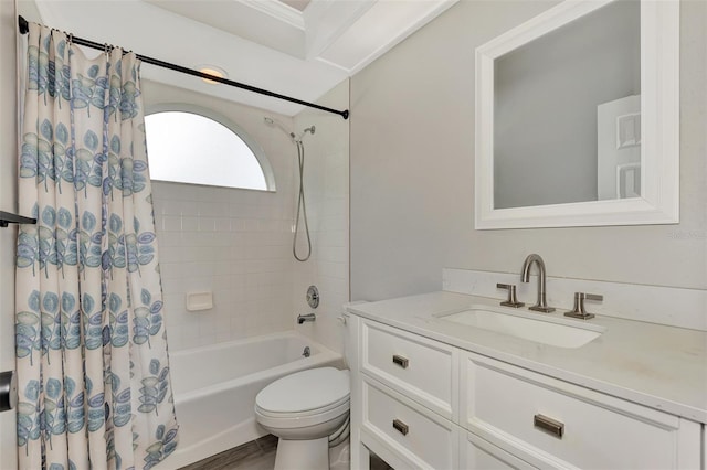 full bathroom featuring hardwood / wood-style flooring, shower / bath combo, toilet, and vanity