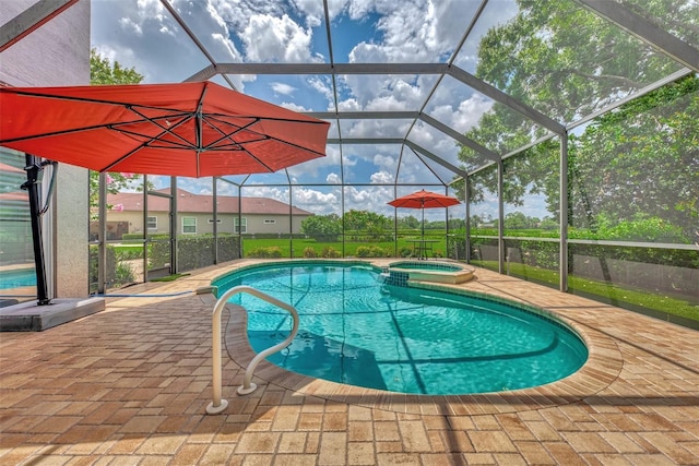 view of pool with glass enclosure, an in ground hot tub, and a patio