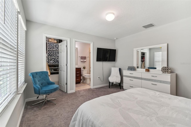 carpeted bedroom with multiple windows and ensuite bath