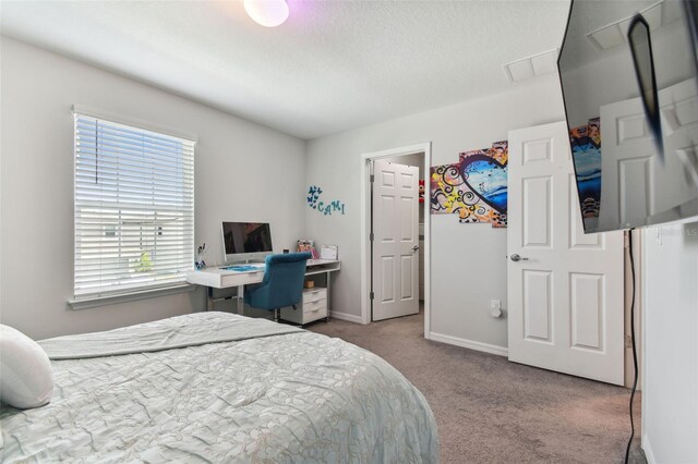 carpeted bedroom with a textured ceiling and multiple windows