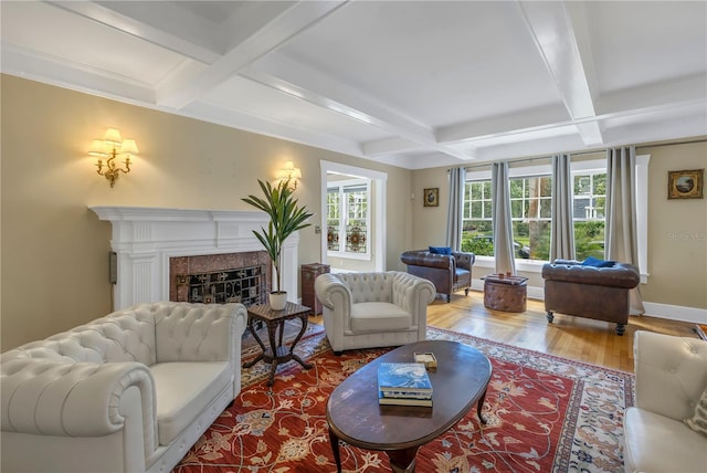 living room featuring beamed ceiling, wood-type flooring, and coffered ceiling