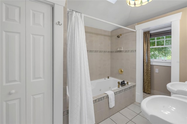 bathroom with tile patterned flooring and shower / tub combo with curtain