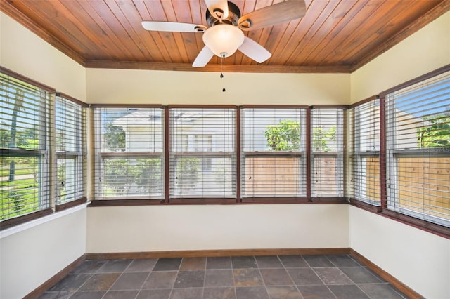 unfurnished sunroom with ceiling fan, wooden ceiling, and a wealth of natural light