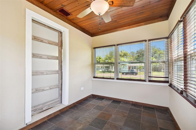 unfurnished sunroom featuring ceiling fan and wooden ceiling