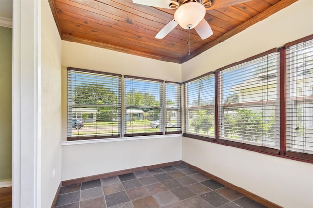 unfurnished sunroom featuring ceiling fan and wooden ceiling