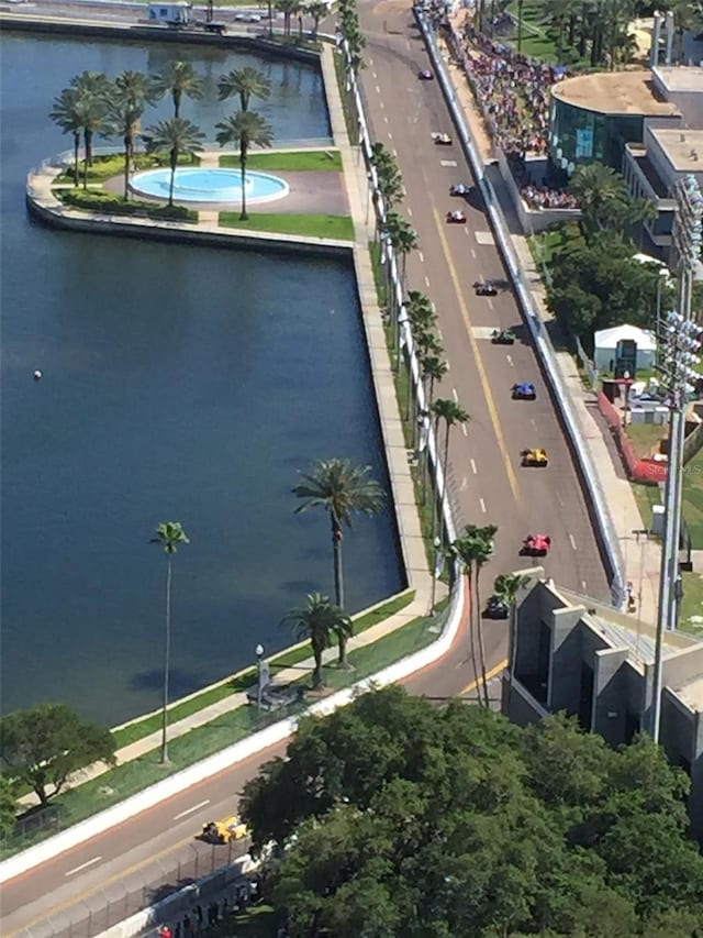 birds eye view of property featuring a water view