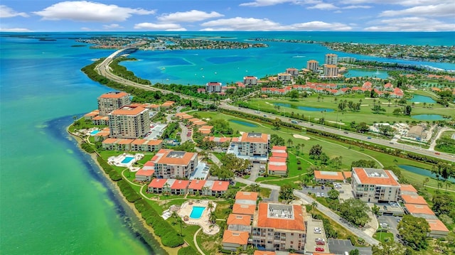 drone / aerial view with a water view