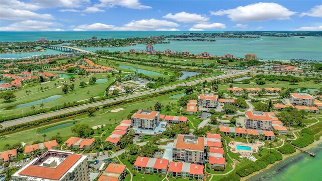 aerial view featuring a water view