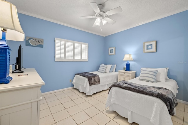 bedroom with ceiling fan, a textured ceiling, light tile patterned floors, and crown molding