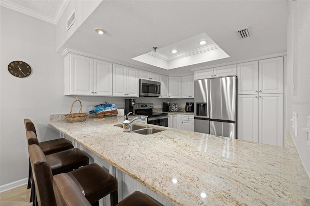 kitchen featuring white cabinetry, kitchen peninsula, appliances with stainless steel finishes, crown molding, and sink