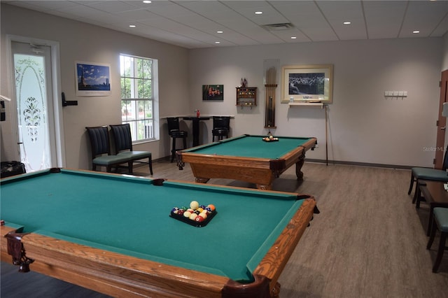 rec room with hardwood / wood-style floors and billiards