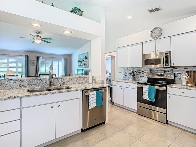 kitchen with stainless steel appliances, white cabinetry, ceiling fan, and sink