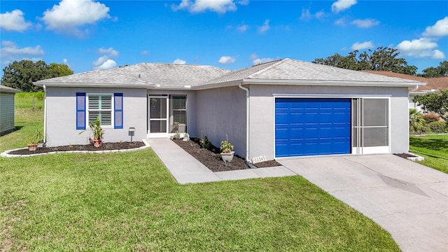 single story home featuring a garage, stucco siding, driveway, and a front yard