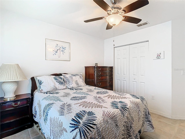 11247 Corey Pavin Ln, San Antonio, FL 33576 - tiled bedroom featuring a ceiling fan, a closet, visible vents, and baseboards