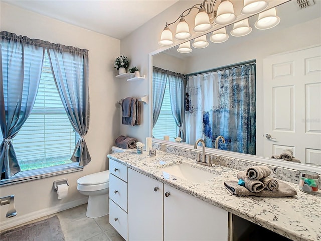 11247 Corey Pavin Ln, San Antonio, FL 33576 - bathroom with curtained shower, visible vents, toilet, vanity, and tile patterned flooring