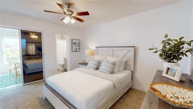 bedroom featuring ceiling fan and light colored carpet