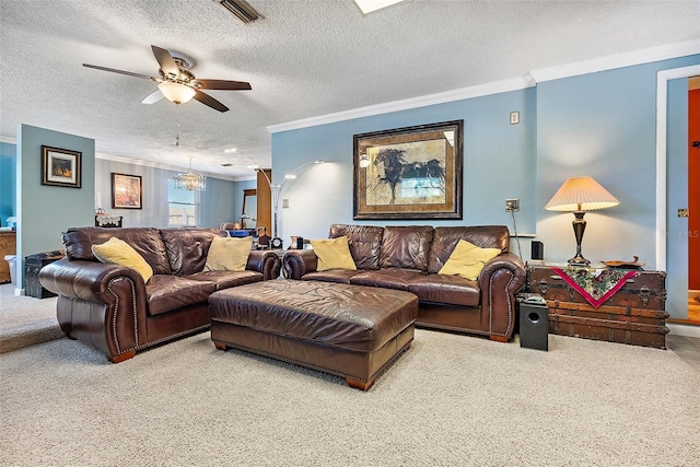 carpeted living room featuring a textured ceiling, ornamental molding, and ceiling fan