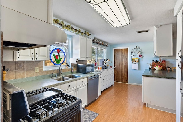 kitchen featuring light hardwood / wood-style floors, white cabinets, backsplash, sink, and dishwasher