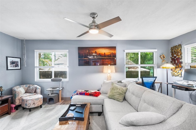 living room with ceiling fan and hardwood / wood-style floors