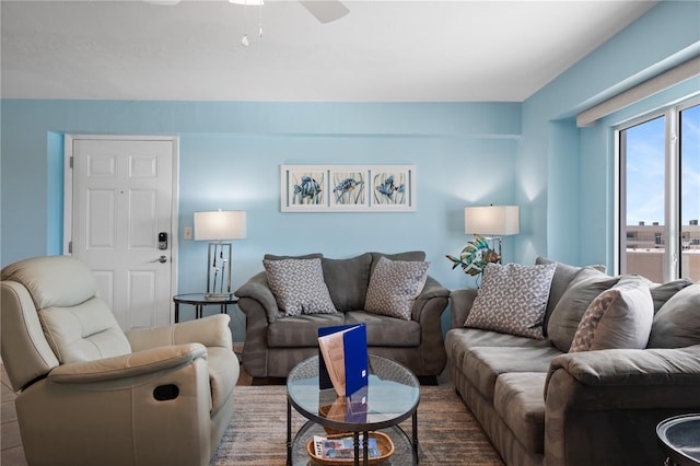 living room featuring ceiling fan