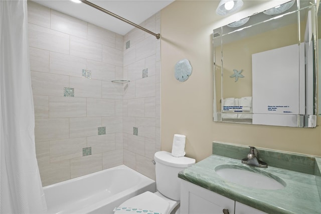 full bathroom featuring shower / bathtub combination with curtain, vanity, and toilet