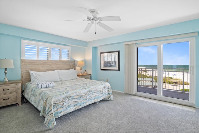 bedroom featuring light carpet, access to exterior, multiple windows, and ceiling fan