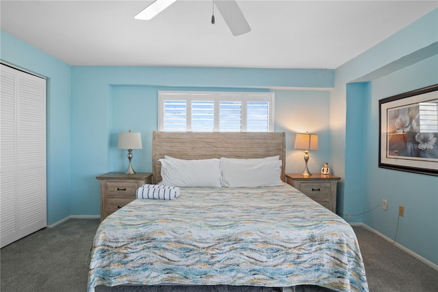 carpeted bedroom with a closet and ceiling fan