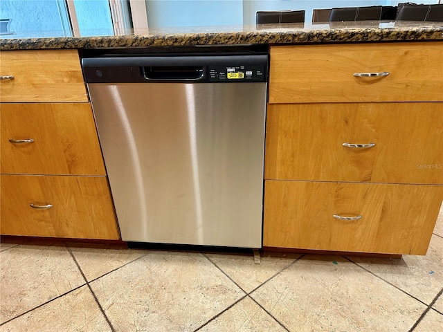 details featuring stainless steel dishwasher and dark stone counters